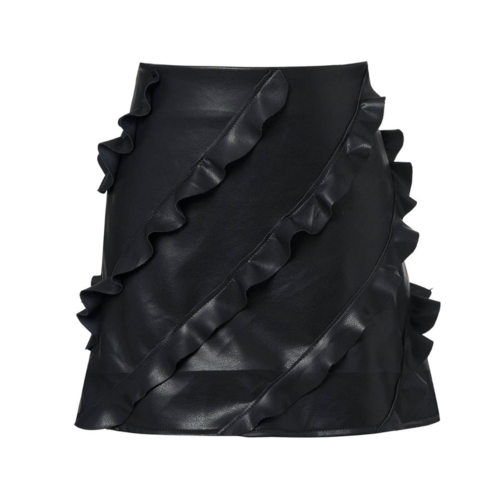 Ruffle Vegan Leather Mini Skirt