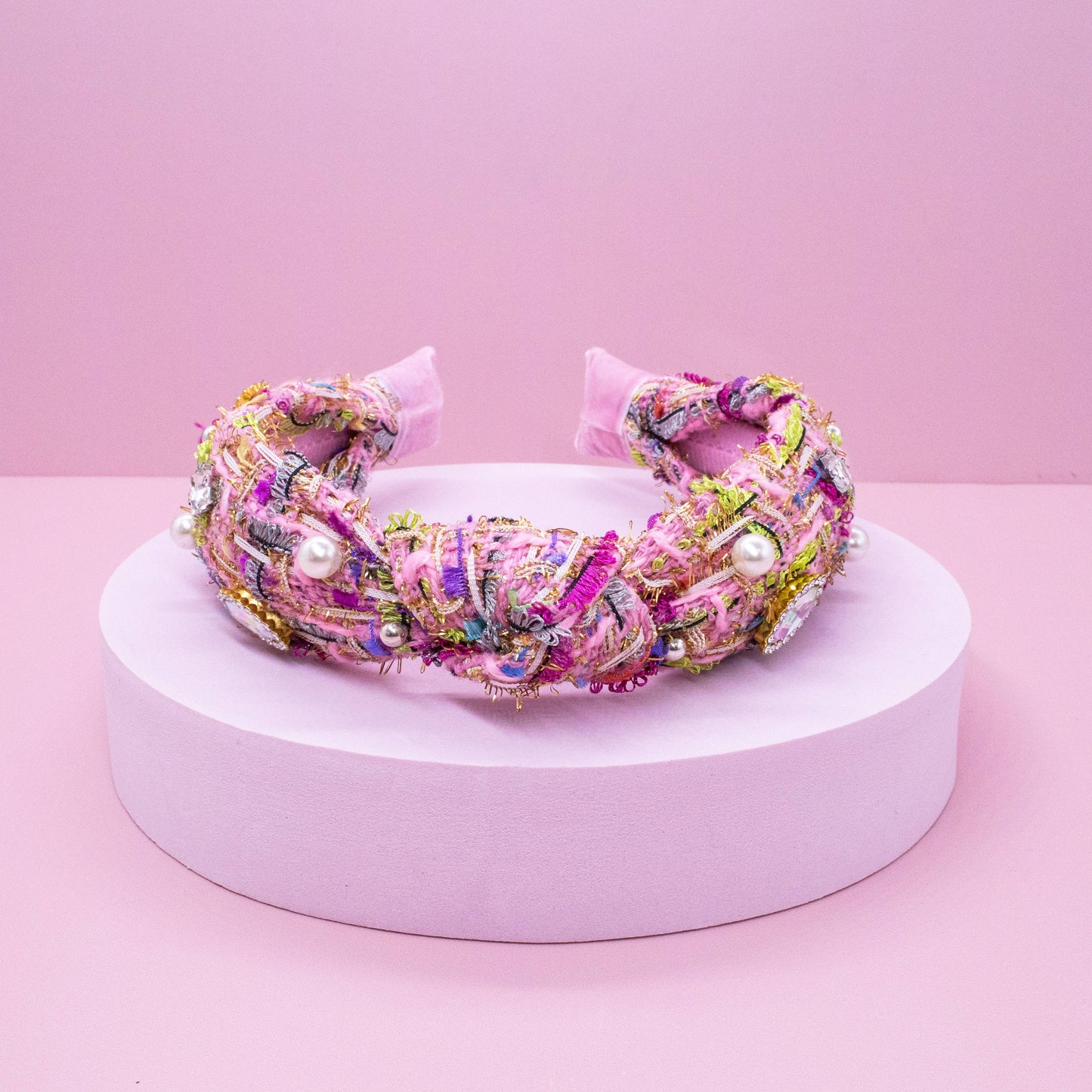 Kids Knot Headband - Embellished Rhinestone Pearl Tweed: Pink