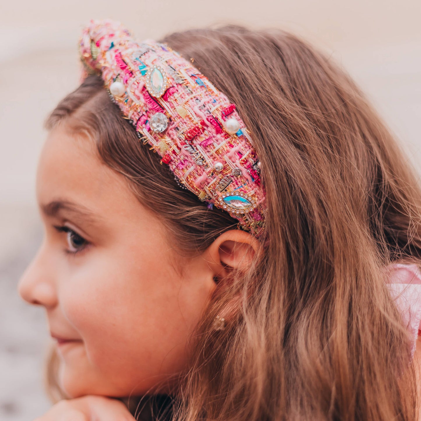 Kids Knot Headband - Embellished Rhinestone Pearl Tweed: Pink