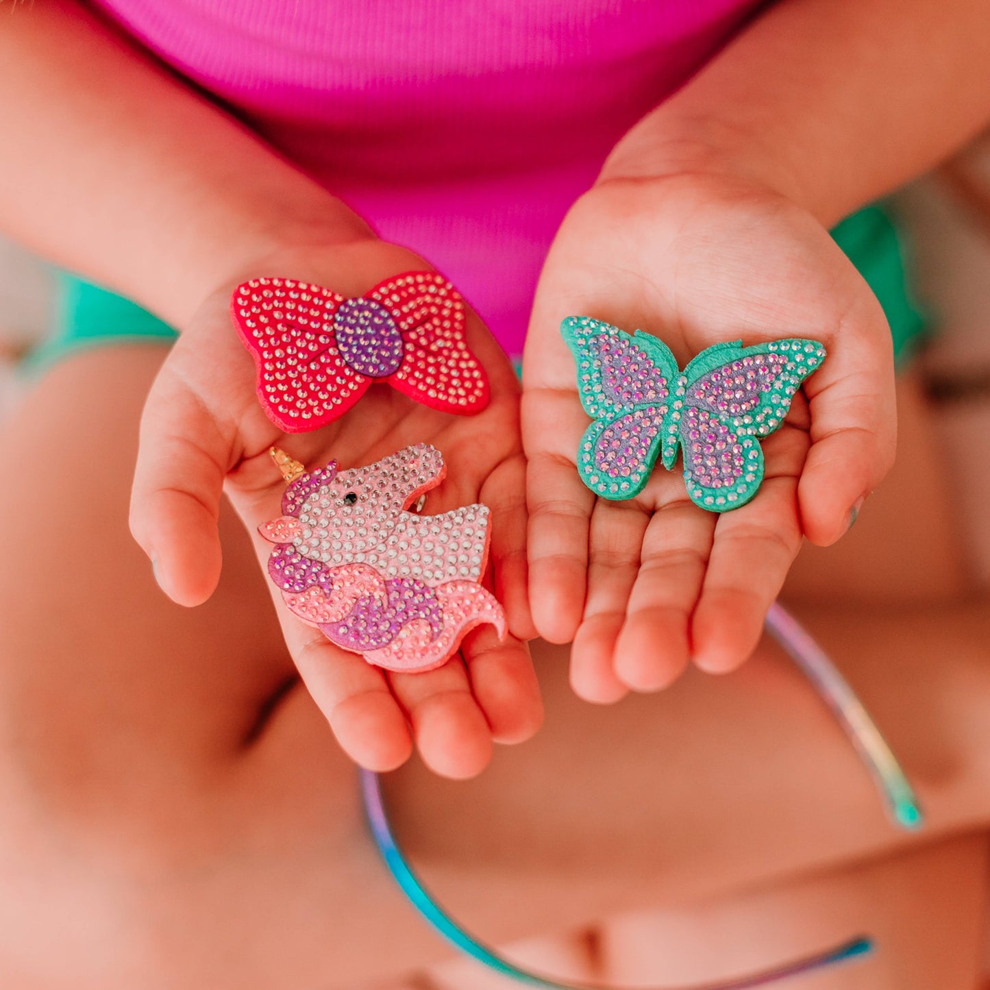 Interchangeable Rhinestone Charm Headband and Hair Clips: Rhinestone Unicorn/Butterfly/Bow