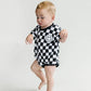 Short Sleeve Bubble Romper | Checkered Smiley Black
