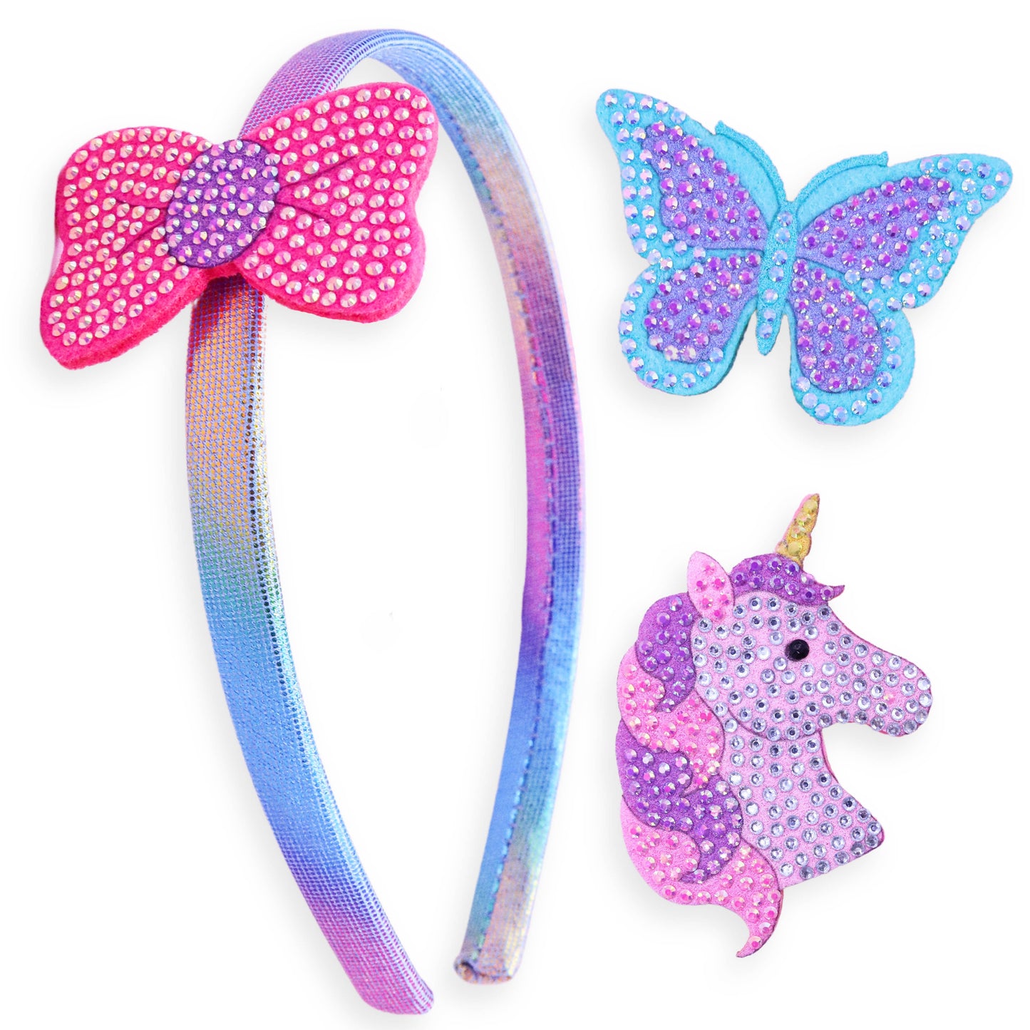 Interchangeable Rhinestone Charm Headband and Hair Clips: Chenille Rainbow/Heart/Star