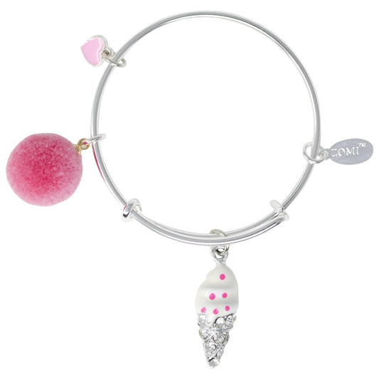 Ice Cream & Pom Pom Silver Bangle Bracelet