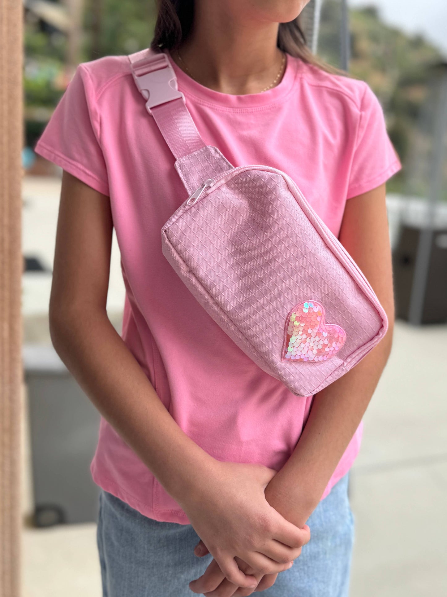 Sequin Heart Belt Bag for Kids: Blue Denim