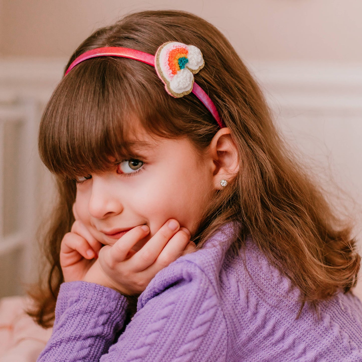 Interchangeable Rhinestone Charm Headband and Hair Clips: Chenille Rainbow/Heart/Star