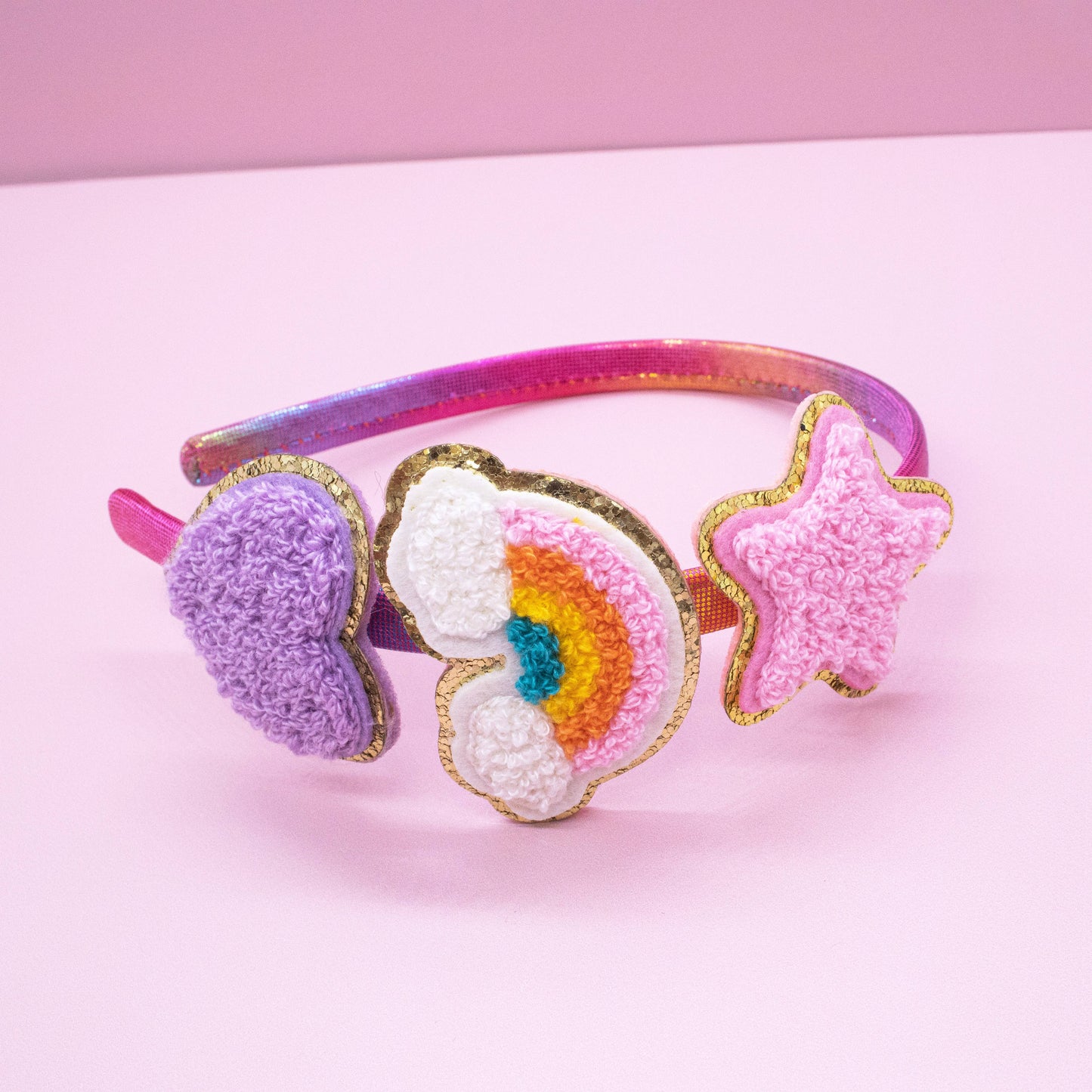 Interchangeable Rhinestone Charm Headband and Hair Clips: Chenille Rainbow/Heart/Star