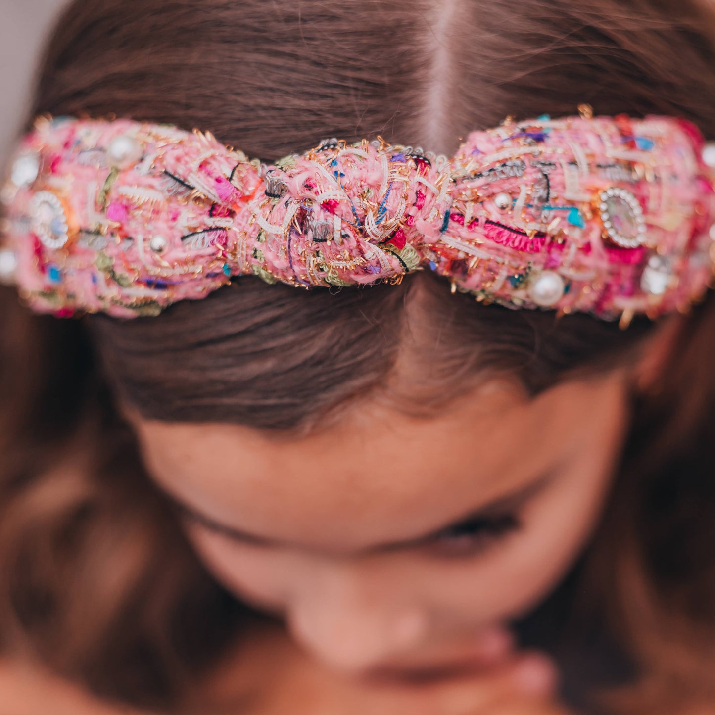 Kids Knot Headband - Embellished Rhinestone Pearl Tweed: Pink