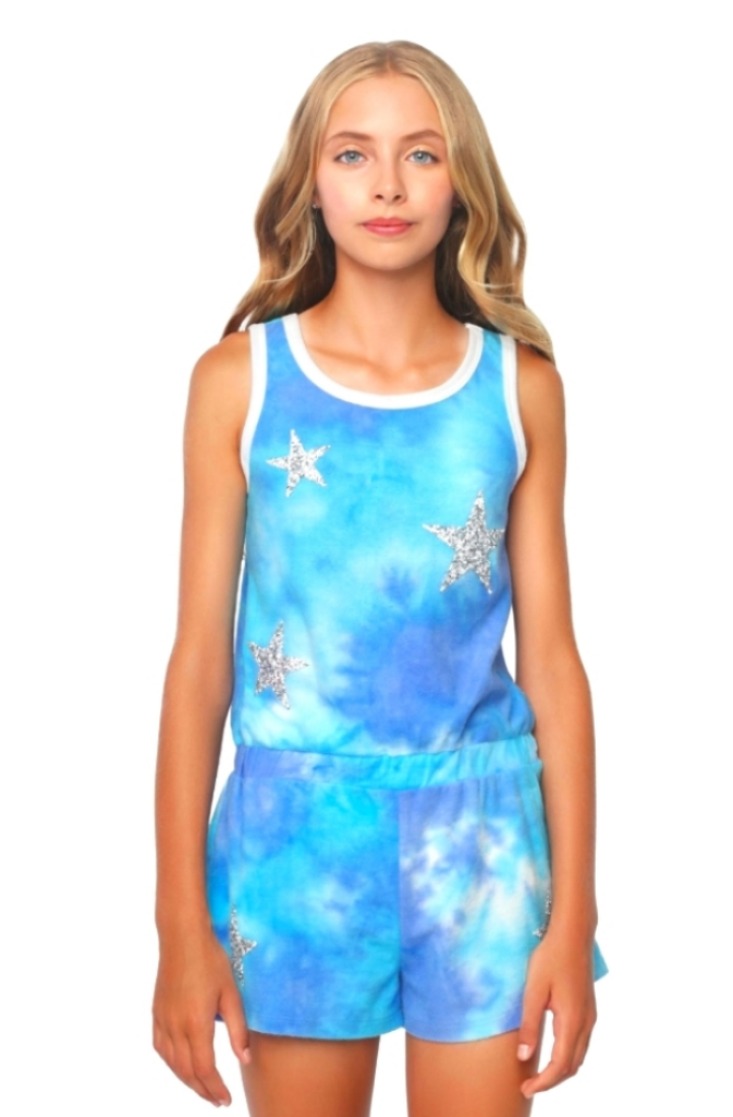 AQUA TIE DYE STAR TERRY ROMPER