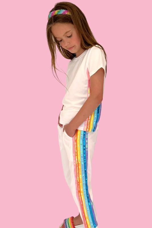 White Rainbow Sequin Jogger Set